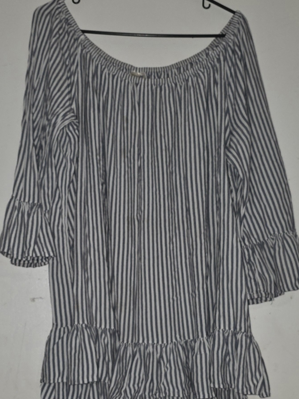 Terra & Sky Blue and White Striped Off-Shoulder Ruffle Tunic